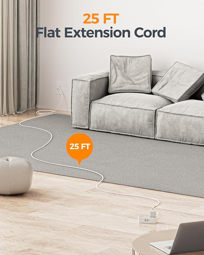 Flat Plug Extension Cord 25 ft, TESSAN Surge Protector Power Strip with 4 AC Outlets 1 USB C and 2 USB A Ports, 900 Joules Protection, Multiple Wall Outlet Extender for Home Office Dorm Essentials