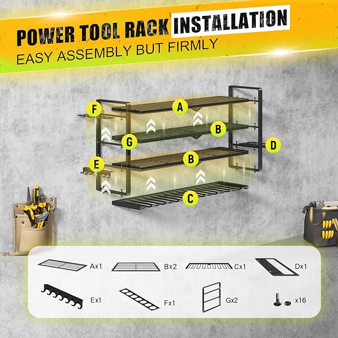 Power Tool Organizer Wall Mount - 400Lbs Load 4 Layers Storage Rack with 8 Drill Holders for Drills Cordless Tools. Heavy Duty Iron Garage Tool Organizer Storage for Workshop Shed Pegboard Basement
