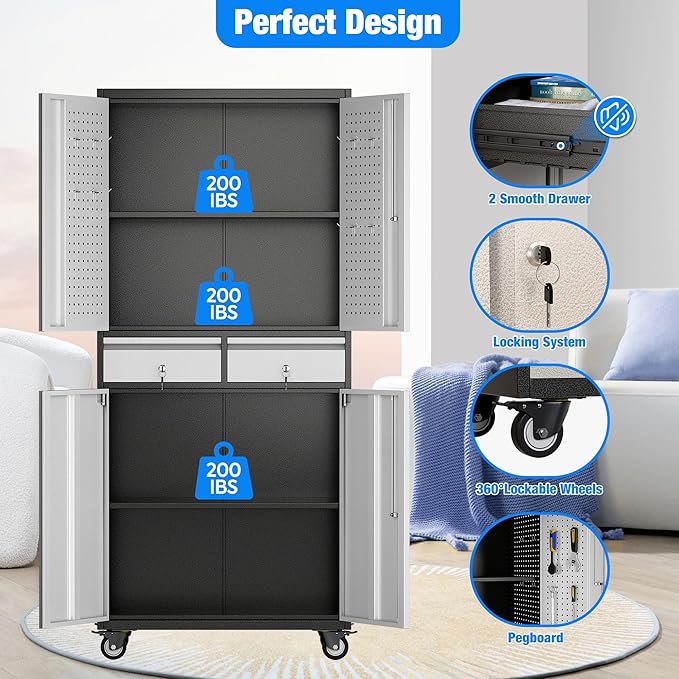 Metal Garage Storage Cabinet with 2 Drawers and 2 Adjustable Shelves, Locking Rolling Tool Storage Cabinet with Wheels and Pegboard for Garage, Home, Black and Silvery