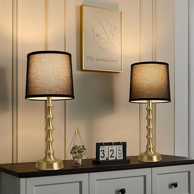 Set of 2 Gold Table Lamps, 24" Electroplated Gold Bamboo Base with White Linen Shade, Modern Nightstand Lamps for Bedroom, Living Room, Guest Room Decor