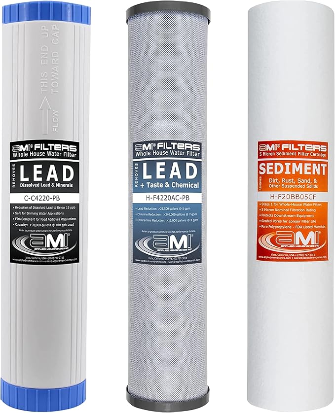 Applied Membranes Inc. 3-Stage Whole-House Water Filter Cartridge Replacements, Includes 20-Inch Sediment, Carbon, and Lead Filter Cartridges