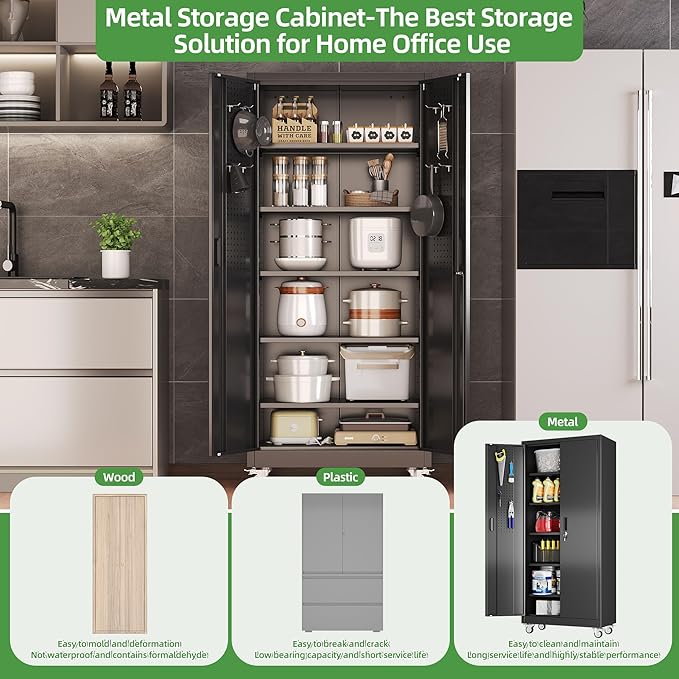 Metal Storage Cabinet with Wheels and Pegboard,71" H x 32" W x 16" D Garage Storage Cabinet with 2 Doors and 5 Adjustable Shelves for Garage, Home, Warehouse, Closet, Assembly Required, Black