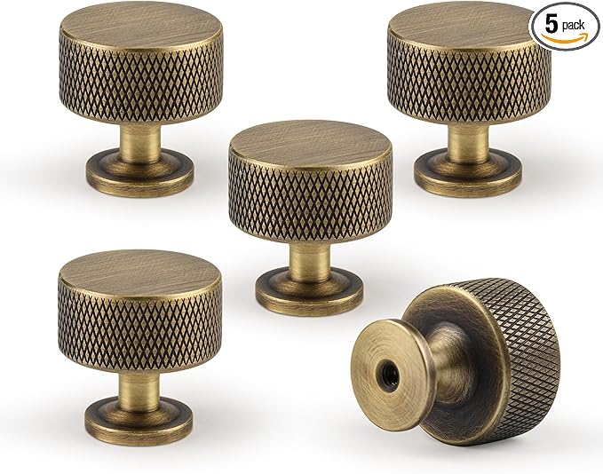 Antique Brass Kitchen Cabinet Knobs 5 Pack, 1.1Inch Knurled Brass Dresser Drawer Pulls, Modern Furniture Hardware Handles for Cupboard Wardrobe Vanity Closet Door