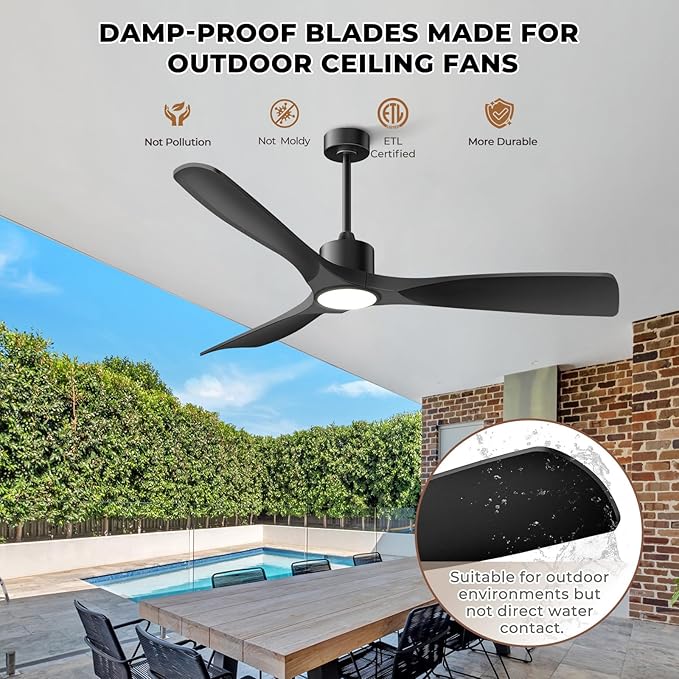 52" Smart Ceiling Fan with Lights,Outdoor Ceiling Fan Work with Alexa/Gg/App/Remote,3-Color Light Dimmable 6-Speed Quiet Reversible for Patio Porch Bedroom,Black