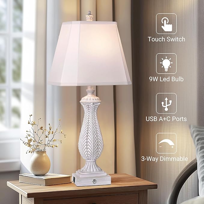 3-Way Dimmable Table Lamps for Bedrooms Set of 2, 30" H Touch Lamps for Living Room with with USB & Type-C Ports, White Mermaid Bedside Lamp for Nightstand, Resin Farmhouse Rustic Lamp with 2 Bulb