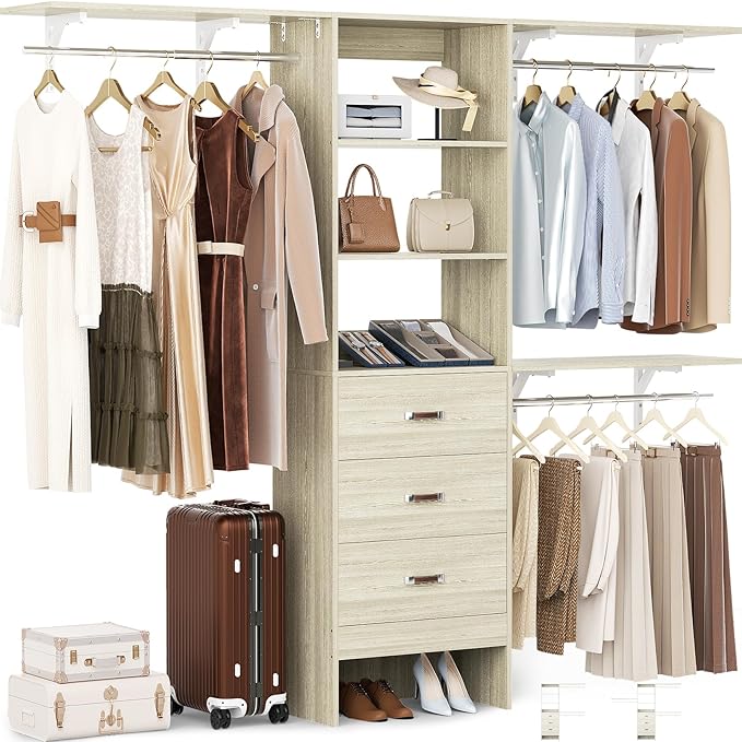 Closet System with Drawer - 8FT Wood Closet Organizer System with 3 Hanging Rods and Shelving Tower, 96" Walk In Closet Organizer Wardrobe, Heavy Duty Garment Rack Clothes Rack, White Oak