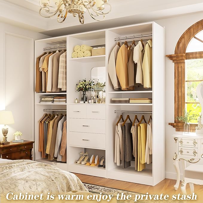 Unikito 75 Inch Closet System with 4 Drawers, 6.3FT Walk in Closet Organizer with Hanging Rods and Mirror Design, Reversible Large Closet Wardrobe with Shelves, Adjustable Closet Tower, White