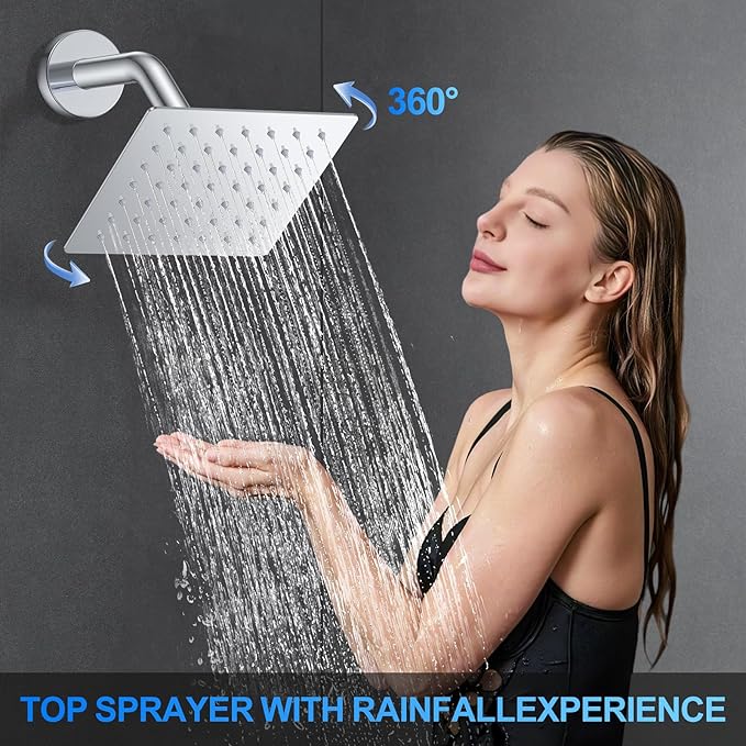 Shower Faucet Set, 12" Ceiling Mount Rainfall Shower System with 2 Rain Shower Head and Multi-function Handheld Head Push Button Diverter Shower Faucet Trim Kit (12", Polished Chrome)