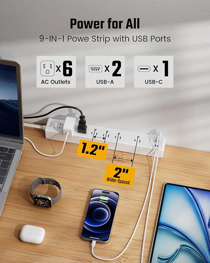 20Ft Long Extension Cord, Flat Plug Power Strip with 6 Outlets & 3 USB Ports (1 USB-C), Wall Mountable Surge Protector, White Power Bar for Home Office, College Dorm Room Essentials