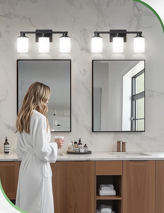 DORESshop 20 Inch Bathroom Light Fixtures, 3-Light Black Bathroom Lighting Fixtures Over Mirror with Milk Glass Shade, Modern Vanity Lights for Hallway Bedroom, ETL Listed