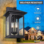 Outdoor Wall Light Fixtures, 16 Inch Waterproof Square Lanterns, 2-Light Exterior Porch Sconces Lighting with Seeded Glass Shade, Modern Black Lamps for Patio Front Door Entryway