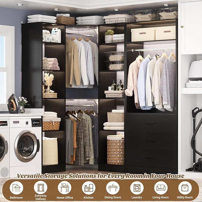 Corner Closet System with 3 Drawers, Corner Closet Organizer System with 13 Shelves & 3 Hanging Rods, 63.2"L * 39.2"W Reversible L Shaped Walk-in Closets, Load 2000+LBS, Black