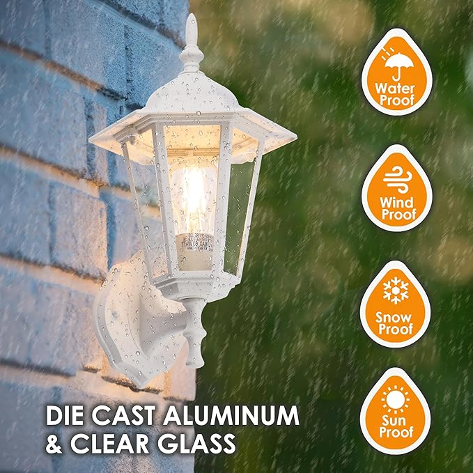GRUENLICH Outdoor Wall Lantern, Wall Sconce as Porch Lighting Fixture with E26 Medium Base, Aluminum Housing Plus Glass, Water-Proof Rated, Bulb Not Included, White Finish, 2 Pack
