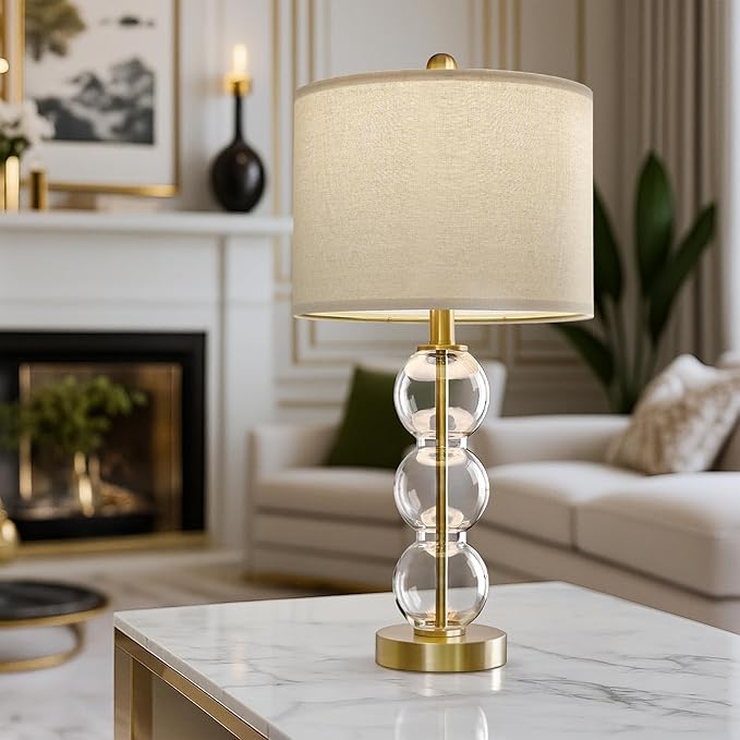 Oneach 24" Glass Table Lamps Set of 2, Gold Modern Table Lamps with USB Ports for Living Room, Linen Shade Bedside Lamps for Bedroom, Nightstand, Side Table (Bulbs not Included)