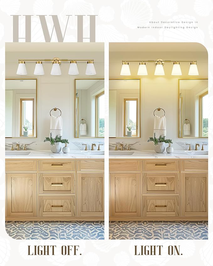 Bathroom Light Fixture, HWH 5-Light Bathroom Vanity Light Brushed Gold Vanity Lighting Over Mirror, Modern Vanity Lights with Frosted White Striped Glass, 5HZG97B-5W BG