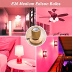 4 Pack 3.2 Inch T10 Pink Light Bulb, E26 Base Edison Bulbs Dimmable, AC 120V 60 Watt Equivalent Clear Glass Filament Bulb, Halloween Christmas Party Bar Colored Light Bulbs, UL Listed