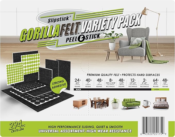 Slipstick Gorilla Felt Furniture Pads (294 Piece Variety Pack) Premium Furniture Pads & Chair Leg Floor Protectors for Hardwood Floors & Hard Surfaces