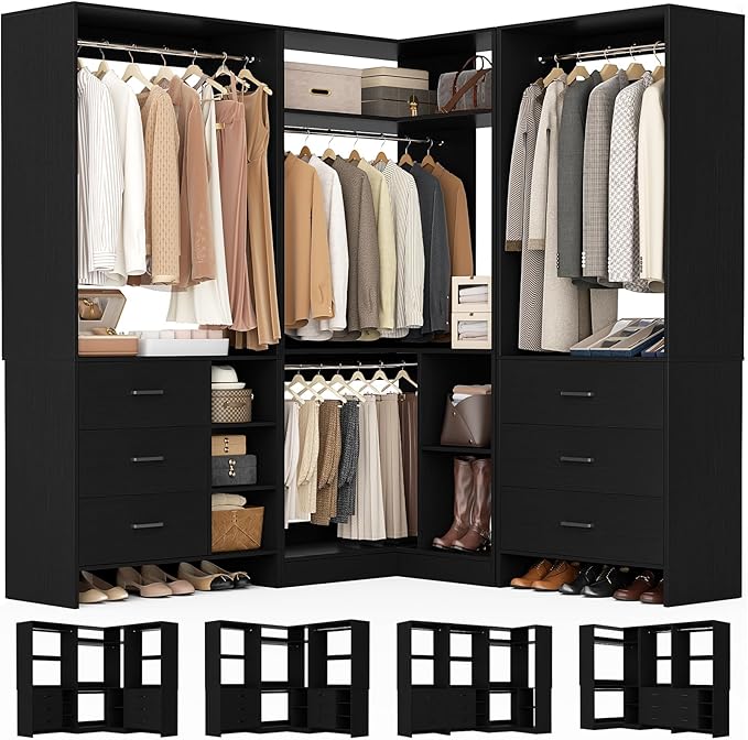 Aheaplus Closet System with 6 Drawers, 4 Hanging Rods & Corner Tower, Corner Closet System with Hanging, 86.8" L-Shaped Walk-In Wardrobe Organizer, 2000+ lbs Capacity, Set of 3, Black