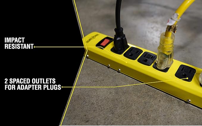 WOODS WIRE Southwire Yellow Jacket 5139N 14/3 6-Outlet Heavy Duty Industrial Metal Workshop Strip with 6-Foot Power Cord; Sliding Safety Covers and Overload Protection