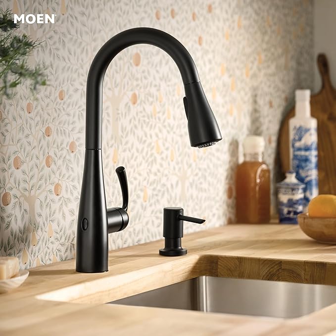Moen Essie Matte Black MotionSense Wave One-Handle Touchless Kitchen Faucet with Pulldown Sprayer and Soap Dispenser, 87014EWBL