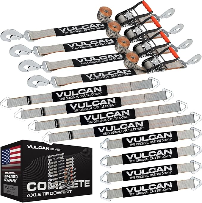VULCAN Complete Axle Strap Tie Down Kit with Snap Hook Ratchet Straps - Silver Series Webbing - Includes (4) 22 and (4) 36 Inch Axle Tie Downs, and (4) 8' Snap Hook Straps