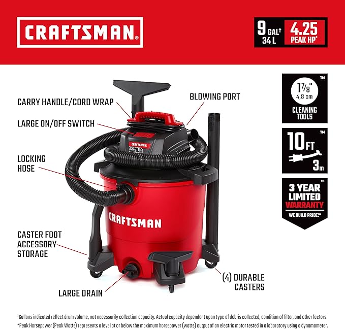 CRAFTSMAN CMXEVBE18690 9 Gallon 4.25 Peak HP Wet/Dry Shop Vac, Portable Shop Vacuum Wet and Dry with Filter, Dust Bag, Dusting Brush, Hose and Attachments for Home, Garage and Automotive Cleaning