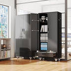 Broom Closet Storage Cabinet with Drawer and Hanging Rod, Garage Storage Cabinet with Wheels and 5 Pegboard, Rolling Tool Cabinets with 2 Doors and 3 Shelves for Garage, Bathroom, Black