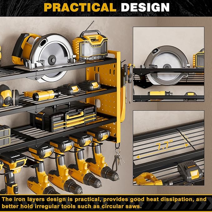 Power Tool Organizer Wall Mount,Cordless Drill Organizer,4 Layers Large Capacity Tool Rack with 8 Drill Holders(YELLOW)