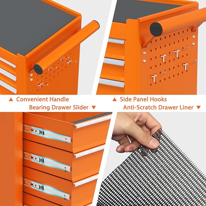 7-Drawer Rolling Tool Chest, Tool Box with 4 Wheels and Drawers, High Capacity Detachable Mobile Tool Storage Cabinet for Garage, Workshop, Mechanics and Repair Room (Orange)