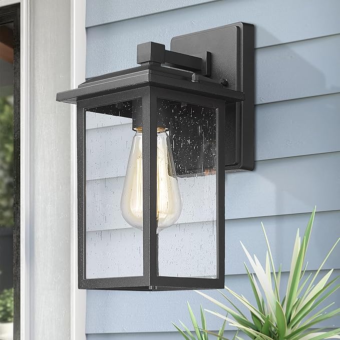 Outdoor Wall Sconces 2 Pack, Exterior Light Lantern Fixtures, Porch Light Lamps Outdoor Wall Mounted in Black Finish with Seeded Glass for House, Garage, Patio, Yard, Garden