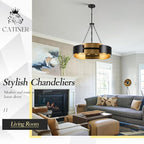 Modern Chandelier 24" Black Gold Industrial Drum Light Fixture 6-Light Metal Hanging Chandelier for Living Dining Room Foyer Entryway Kitchen