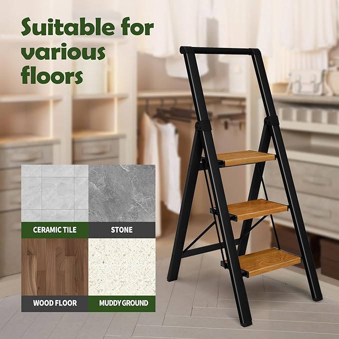 Taranta 3 Step Ladder, Portable Folding Ladder with Wide Pedal,Lightweight Aluminum Step Stool with Convenient Handgrip,330 lbs Capacity Stepladder for Home, Office-BlackWoodgrain