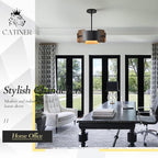 Industrial Drum Chandeliers, Modern Black Metal Pendant Lighting Walnut Wood Grain 4-Ligth Semi Flush Mount Chandelier 12" for Foyer Entryway Kitchen Hallway Dining Room