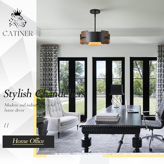 Industrial Drum Chandeliers, Modern Black Metal Pendant Lighting Walnut Wood Grain 4-Ligth Semi Flush Mount Chandelier 12" for Foyer Entryway Kitchen Hallway Dining Room