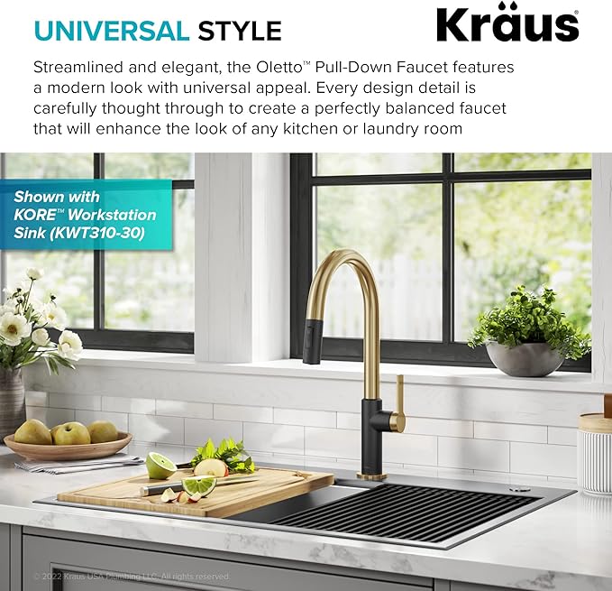 KRAUS Oletto High-Arc Single Handle Pull-Down Kitchen Sink Faucets in Brushed Brass/Matte Black, Kitchen Faucets with Pull Down Sprayer, KPF-2820BBMB