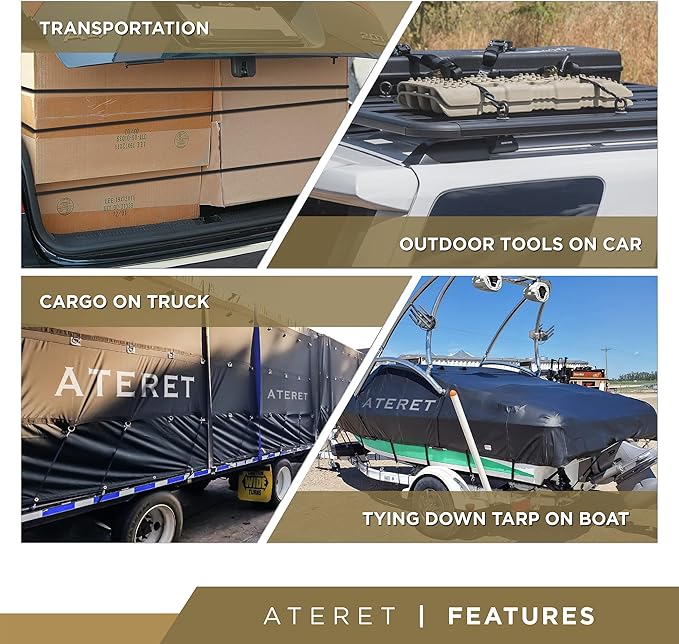 ATERET Rubber Bungee Cords with Hooks I 9 Inch, 14" Max Stretch I Heavy-Duty Black Tie Down Straps for Outdoor, Tarp Covers, Canvas Canopies, Motorcycle, and Cargo, Pack of 25