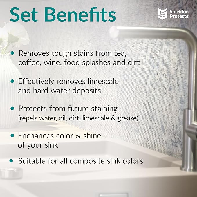 Shieldon Protects Sink Restorer Kit – 3-Step System: Heavy Duty Kitchen Sink Cleaner, Hard Water Stain Remover & Nano Sealer Protector for Granite Composite, Quartz, Porcelain & Ceramic Kitchen Sinks
