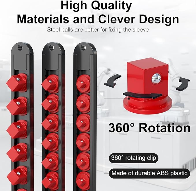 FivePears 3PCS 360° Socket Organizer Twist Lock,3/8 1/4 1/2 Socket Storage Rails, Premium Quality Socket Holders for Tool Box ，Tool Carts，Contains up to 40 Clips (Blue, Red and Black)