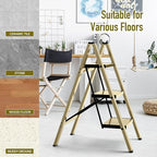 3 Step Ladder,Aluminum Folding Step Stool for Adults,Step Ladder with Wide Anti-Slip Pedal,330 lbs Capacity for Home,Office,Kitchen,Library(Gold)