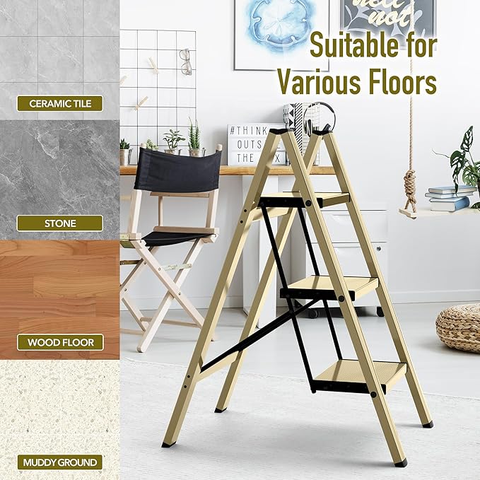 3 Step Ladder,Aluminum Folding Step Stool for Adults,Step Ladder with Wide Anti-Slip Pedal,330 lbs Capacity for Home,Office,Kitchen,Library(Gold)