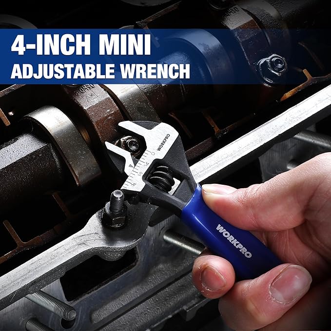 WORKPRO 4-Inch Mini Adjustable Wrench, Cr-V Steel Wide Jaw Black Oxide Wrench for Small Nuts, Metric & SAE Scales, for Home, Workshop and DIY