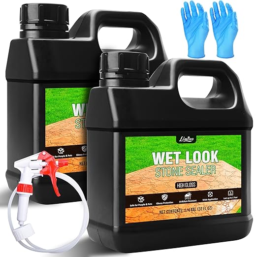 Wet Look Stone Sealer - 64oz High Gloss Paver Sealer Stone Color Enhancer Concrete Sealer with Long-Lasting Gloss Protection, Stain Proof for Interior and Exterior Slate, Driveway, Floor, Standsotne