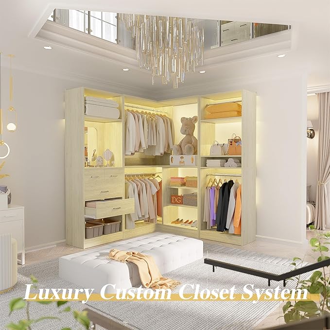 Unikito 86 Inch Closet System, 3 Sets Corner Closets Organizer with Hanging Rods and Mirror Design, Freestanding Adjustable Wood Clothes Garment Rack with Drawers, Sturdy Walk in Closet Kit, White Oak