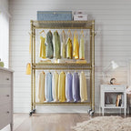 VIPEK R2 Plus Rolling Clothes Rack for Hanging Clothes Heavy Duty Garment Rack 3 Tiers Adjustable Wire Shelving Clothing Racks with Double Hanging Rods, Closet Organizers and Storage, Gold