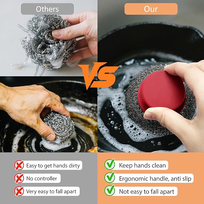 2Pack Stainless Steel Wool Scrubber with Rubber Handle & 2 Pads for Cleaning Dishes, Kitchen Pots, Pans, Grills (Red+Black)