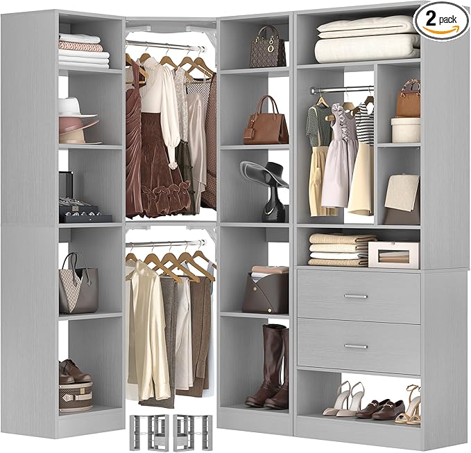 Corner Closet System with 2 Sets, 63.2" Corner Closet Organizer System with 2 Drawers + 18 Shelves + 3 Hanging Rods, Reversible L Shaped Walk-in Closets, Grey (63.2" L x 39.2" W x 80" H)