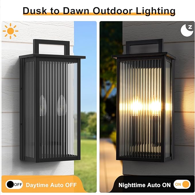 17.92INCH Large Outdoor Wall Lights, Dusk to Dawn Outdoor Lighting with Elegant Striped Glass, Waterproof Exterior Lighting Fixtures Modern Outside Sconce for Porch, Patio, Doorway