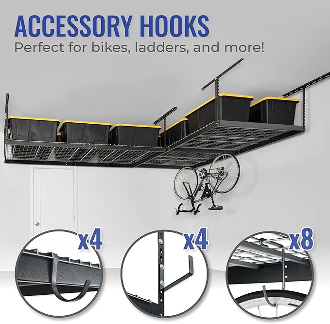 SafeRacks Heavy Duty Overhead Garage Storage Rack, 2-Pack 4x8 Hammertone, 12"-21", 600 lb Capacity, Adjustable Ceiling Mount