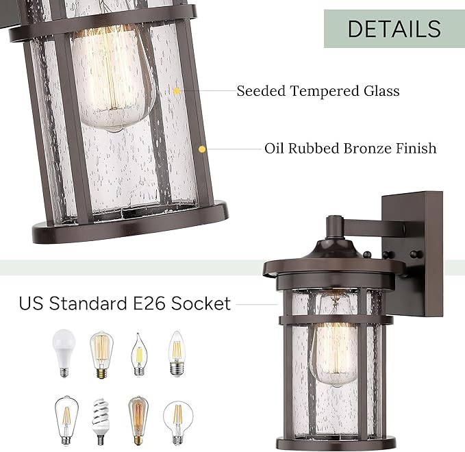 Outdoor Wall Sconces, Exterior Lantern Lighting Fixture, Mounted Lights for Patio, Porch, Garden, Balcony (Bronze, 12" H-2Pack)