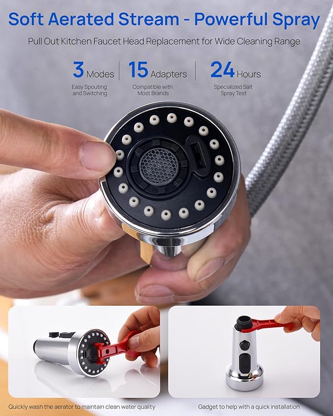 J-HVA Pull Down Kitchen Faucet Sprayer Head Replacement Part with 15 Connectors, 3 Function Pull Out Sink Sprayer Replacement Nozzle, Kitchen Faucet Head Hose Spray Tap Spout, Chrome